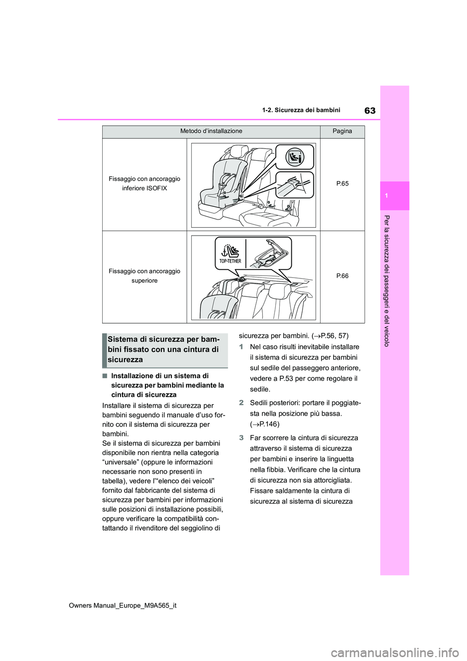 TOYOTA MIRAI 2023  Manuale duso (in Italian) 63
1
Owners Manual_Europe_M9A565_it
1-2. Sicurezza dei bambini
Per la sicurezza dei passeggeri e del veicolo
■Installazione di un sistema di  
sicurezza per bambini mediante la 
cintura di sicurezza