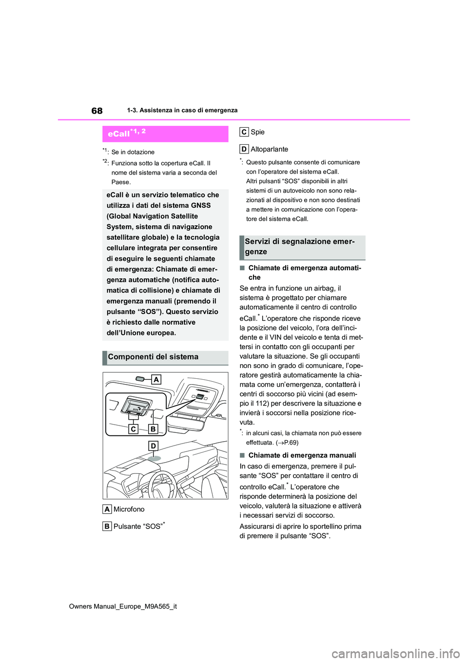 TOYOTA MIRAI 2023  Manuale duso (in Italian) 68
Owners Manual_Europe_M9A565_it
1-3. Assistenza in caso di emergenza
1-3.Assistenz a in cas o d i emergenz a
*1: Se in dotazione
*2: Funziona sotto la copertura eCall. Il  
nome del sistema varia a 