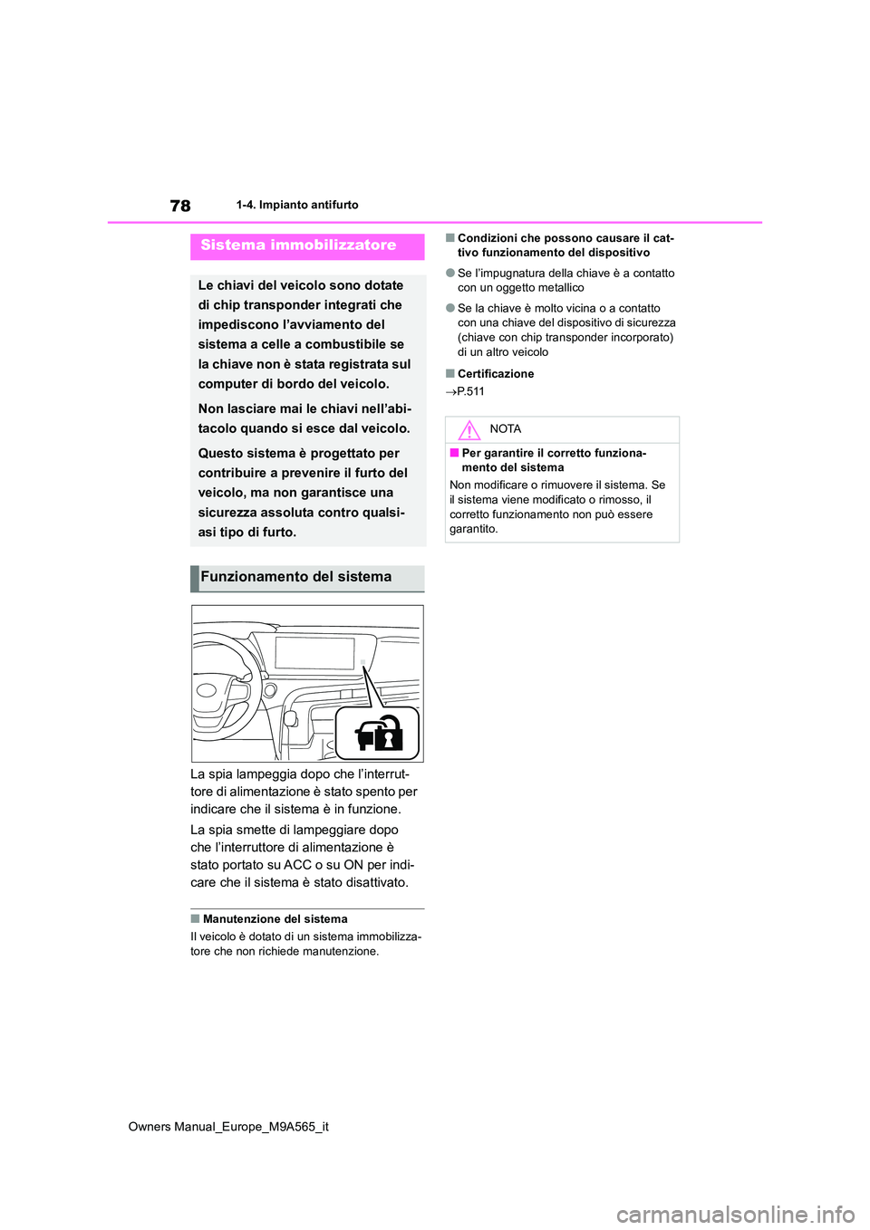 TOYOTA MIRAI 2023 Manuale duso (in Italian) 78
Owners Manual_Europe_M9A565_it
1-4. Impianto antifurto
1-4.Impianto antifurto
La spia lampeggia dopo che l’interrut-
tore di alimentazione è stato spento per
indicare che il sistema è in funz TOYOTA MIRAI 2023 Manuale duso (in Italian) 78
Owners Manual_Europe_M9A565_it
1-4. Impianto antifurto
1-4.Impianto antifurto
La spia lampeggia dopo che l’interrut-
tore di alimentazione è stato spento per
indicare che il sistema è in funz