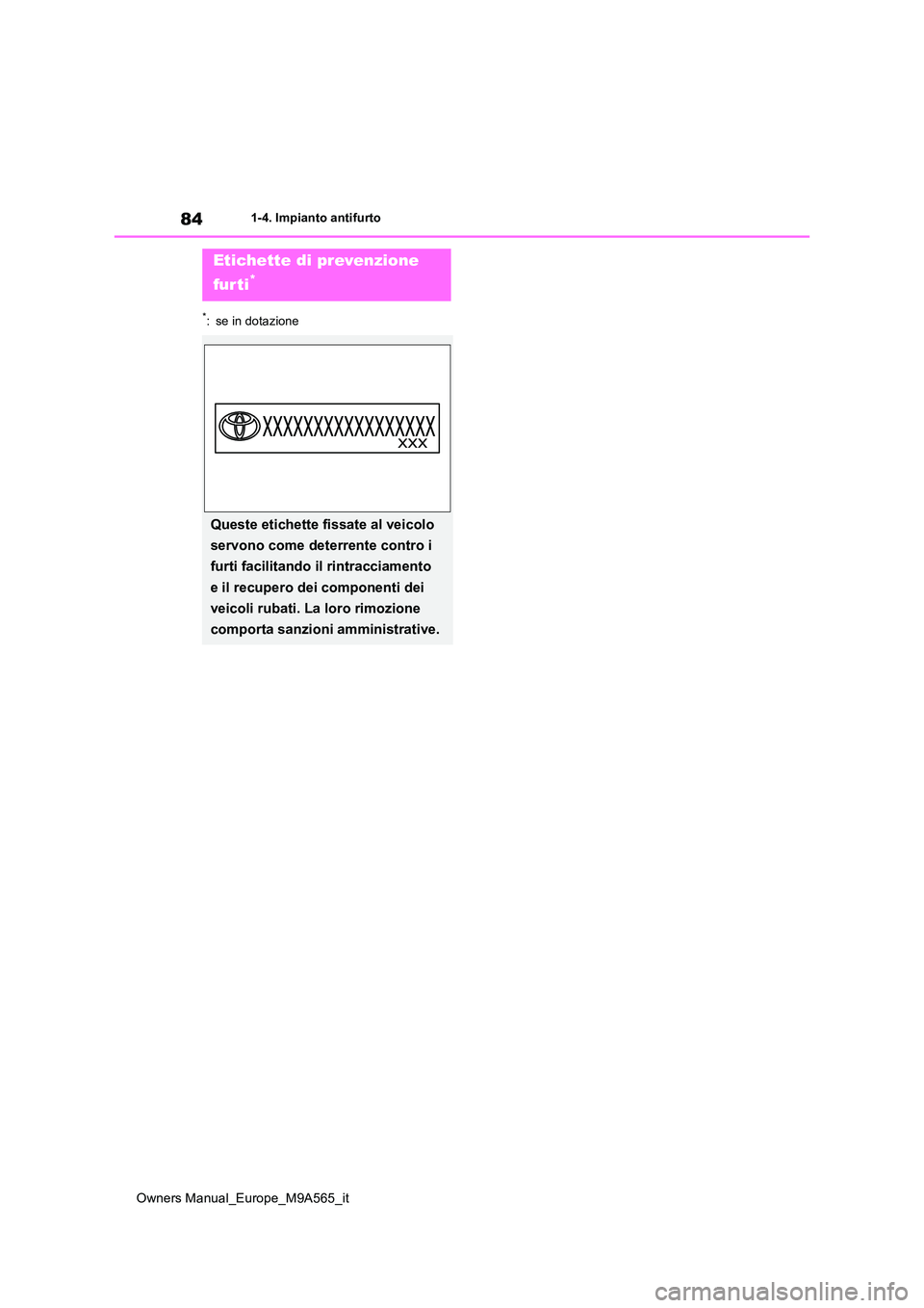TOYOTA MIRAI 2023  Manuale duso (in Italian) 84
Owners Manual_Europe_M9A565_it
1-4. Impianto antifurto
*: se in dotazione
Etichette di prevenzione  
fur ti*
Queste etichette fissate al veicolo  
servono come deterrente contro i  
furti facilitan