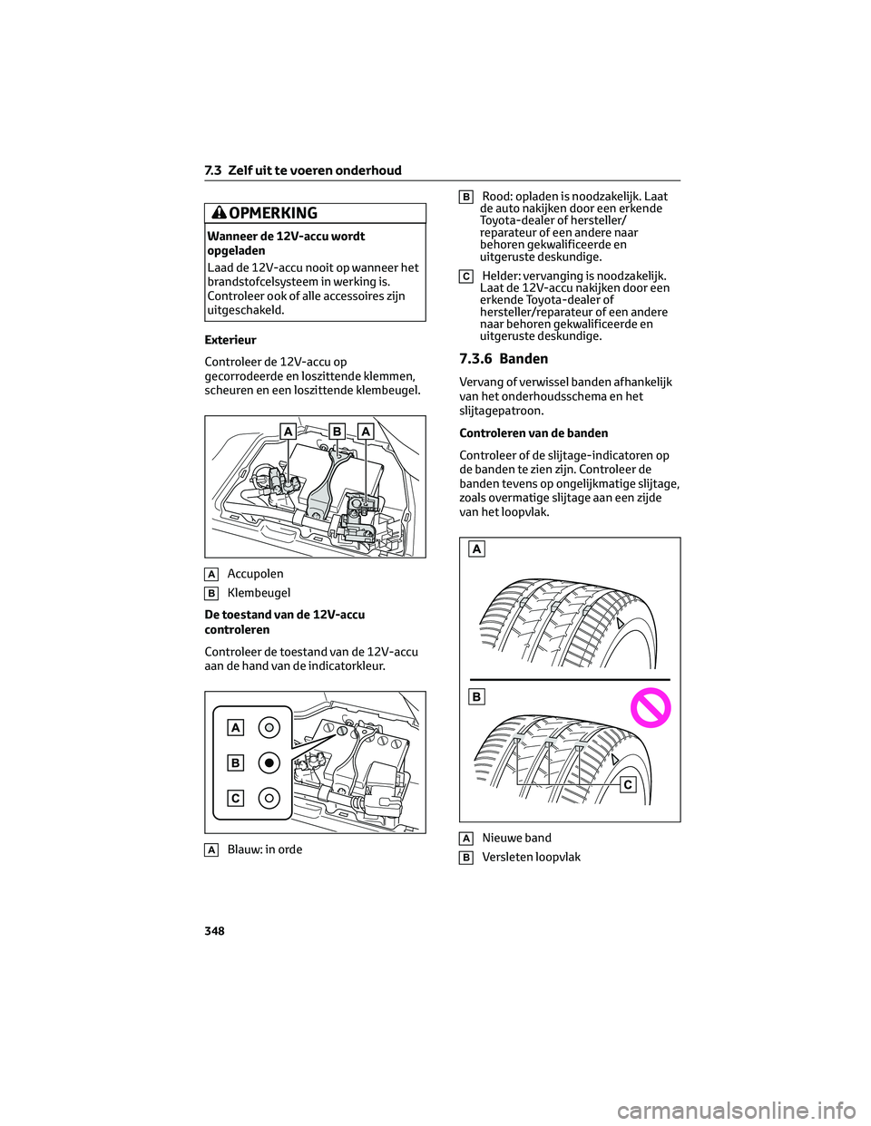 TOYOTA MIRAI 2023 Instructieboekje (in Dutch) OPMERKING
Wanneer de 12V-accu wordt
opgeladen
Laad de 12V-accu nooit op wanneer het
brandstofcelsysteem in werking is.
Controleer ook of alle accessoires zijn
uitgeschakeld.
Exterieur
Controleer de 12 TOYOTA MIRAI 2023 Instructieboekje (in Dutch) OPMERKING
Wanneer de 12V-accu wordt
opgeladen
Laad de 12V-accu nooit op wanneer het
brandstofcelsysteem in werking is.
Controleer ook of alle accessoires zijn
uitgeschakeld.
Exterieur
Controleer de 12