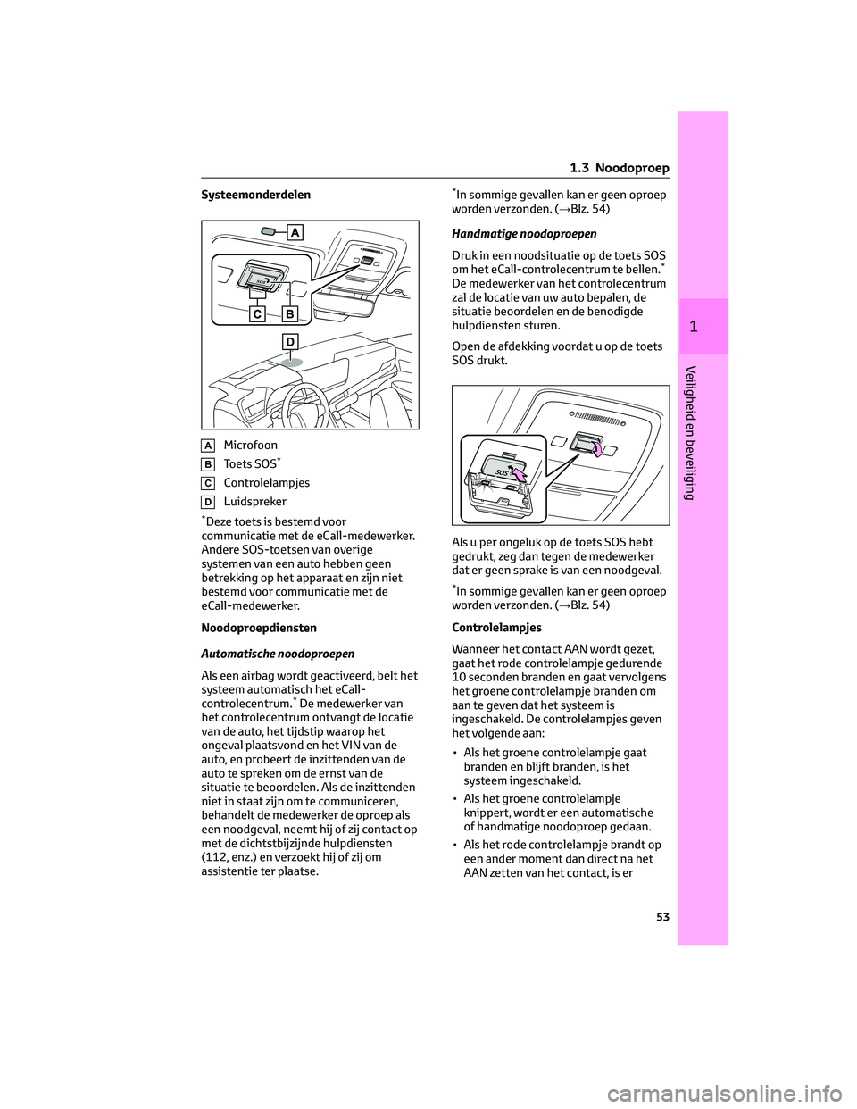 TOYOTA MIRAI 2023  Instructieboekje (in Dutch) Systeemonderdelen
AMicrofoon
BToets SOS*
CControlelampjes
DLuidspreker
*Deze toets is bestemd voor
communicatie met de eCall-medewerker.
Andere SOS-toetsen van overige
systemen van een auto hebben gee