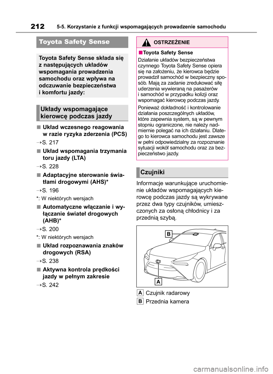 TOYOTA MIRAI 2022  Instrukcja obsługi (in Polish) Uk∏ad wczesnego reagowania
w razie ryzyka zderzenia (PCS)
S. 217
Uk∏ad wspomagania trzymania
toru jazdy (LTA)
S. 228
Adaptacyjne sterowanie Êwia-
t∏ami drogowymi (AHS)*
S. 196
*: W niektóry