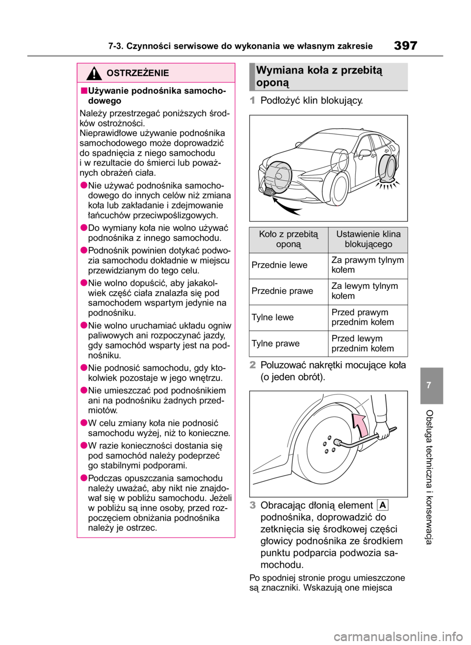 TOYOTA MIRAI 2022  Instrukcja obsługi (in Polish) 1Pod∏o˝yç klin blokujàcy.
2Poluzowaç nakr´tki mocujàce ko∏a
(o jeden obrót).
3Obracajàc d∏onià element 
podnoÊnika, doprowadziç do 
zetkni´cia si´ Êrodkowej cz´Êci
g∏owicy podn