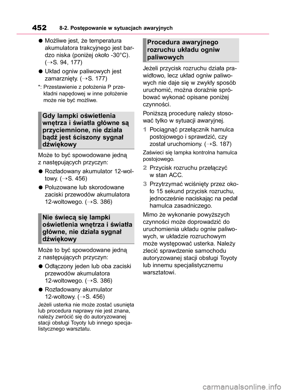 TOYOTA MIRAI 2022  Instrukcja obsługi (in Polish) Mo˝liwe jest, ˝e temperatura
akumulatora trakcyjnego jest bar-
dzo niska (poni˝ej oko∏o -30°C).
(
S. 94, 177)
Uk∏ad ogniw paliwowych jest 
zamarzni´ty. (
S. 177)
*: Przestawienie z po∏o˝