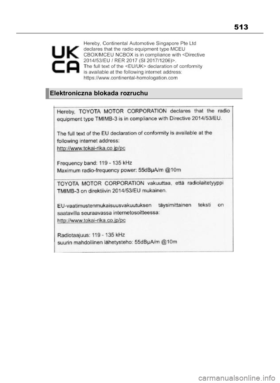 TOYOTA MIRAI 2022  Instrukcja obsługi (in Polish) 513
Elektroniczna blokada rozruchu uk∏adu ogniw paliwowychElektroniczna blokada rozruchu
49 Mirai_OM9A561E  1/9/23  3:16 PM  Page 513 