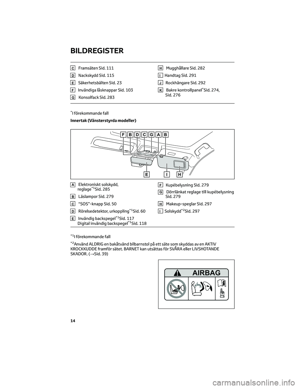 TOYOTA MIRAI 2023  Bruksanvisningar (in Swedish) CFramsäten Sid. 111
DNackskydd Sid. 115
ESäkerhetsbälten Sid. 23
FInvändiga låsknappar Sid. 103
GKonsolfack Sid. 283
HMugghållare Sid. 282
IHandtag Sid. 291
JRockhängare Sid. 292
KBakre kontrol