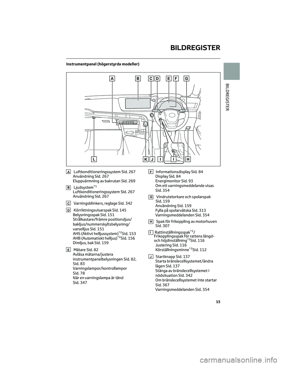 TOYOTA MIRAI 2023 Bruksanvisningar (in Swedish) Instrumentpanel (högerstyrda modeller)
ALuftkonditioneringssystem Sid. 267
Användning Sid. 267
Eluppvärmning av bakrutan Sid. 269
BLjudsystem*1
Luftkonditioneringssystem Sid. 267
Användning Sid. 2 TOYOTA MIRAI 2023 Bruksanvisningar (in Swedish) Instrumentpanel (högerstyrda modeller)
ALuftkonditioneringssystem Sid. 267
Användning Sid. 267
Eluppvärmning av bakrutan Sid. 269
BLjudsystem*1
Luftkonditioneringssystem Sid. 267
Användning Sid. 2