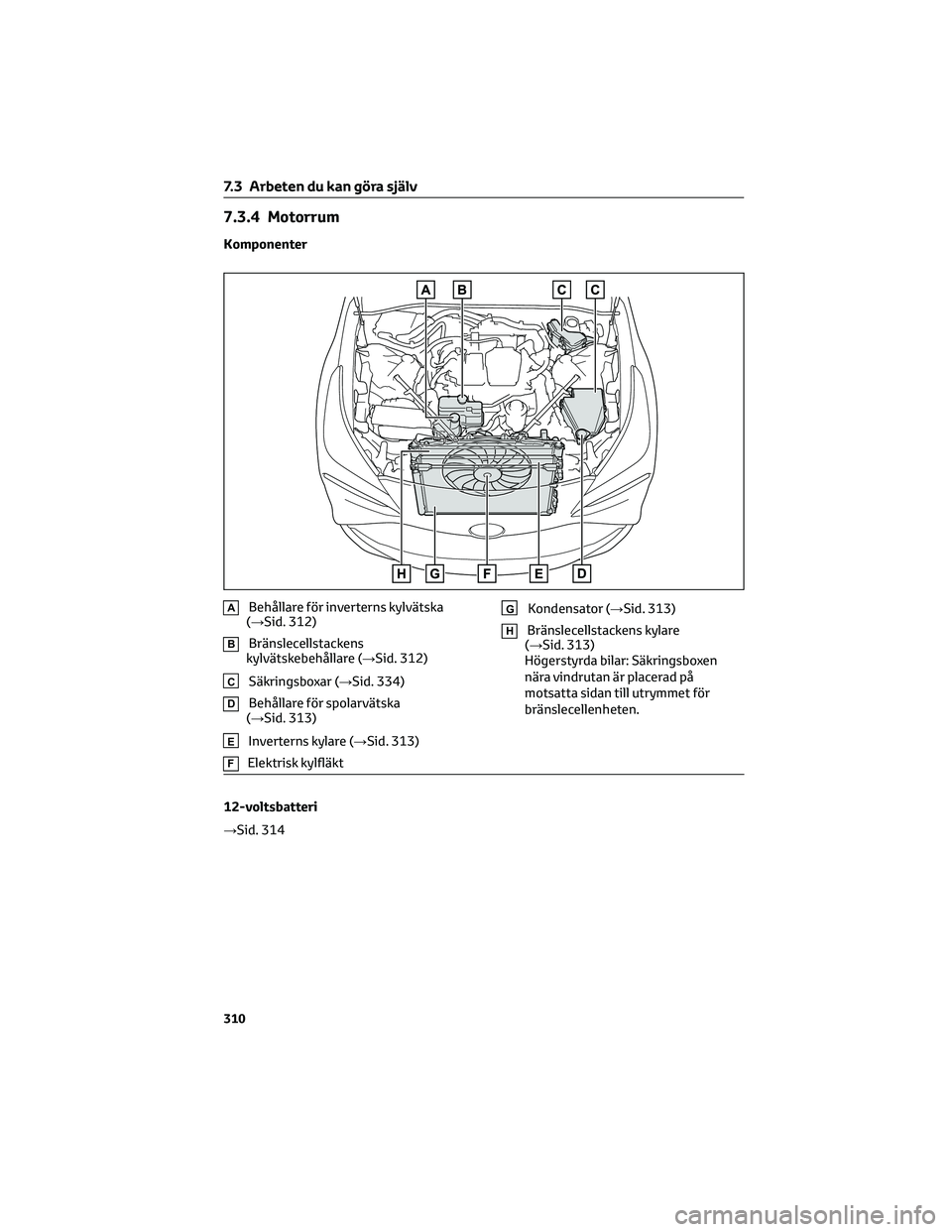 TOYOTA MIRAI 2023 Bruksanvisningar (in Swedish) 7.3.4 Motorrum
Komponenter
ABehållare för inverterns kylvätska
(→Sid. 312)
BBränslecellstackens
kylvätskebehållare (→Sid. 312)
CSäkringsboxar (→Sid. 334)
DBehållare för spolarvätska
( TOYOTA MIRAI 2023 Bruksanvisningar (in Swedish) 7.3.4 Motorrum
Komponenter
ABehållare för inverterns kylvätska
(→Sid. 312)
BBränslecellstackens
kylvätskebehållare (→Sid. 312)
CSäkringsboxar (→Sid. 334)
DBehållare för spolarvätska
(
