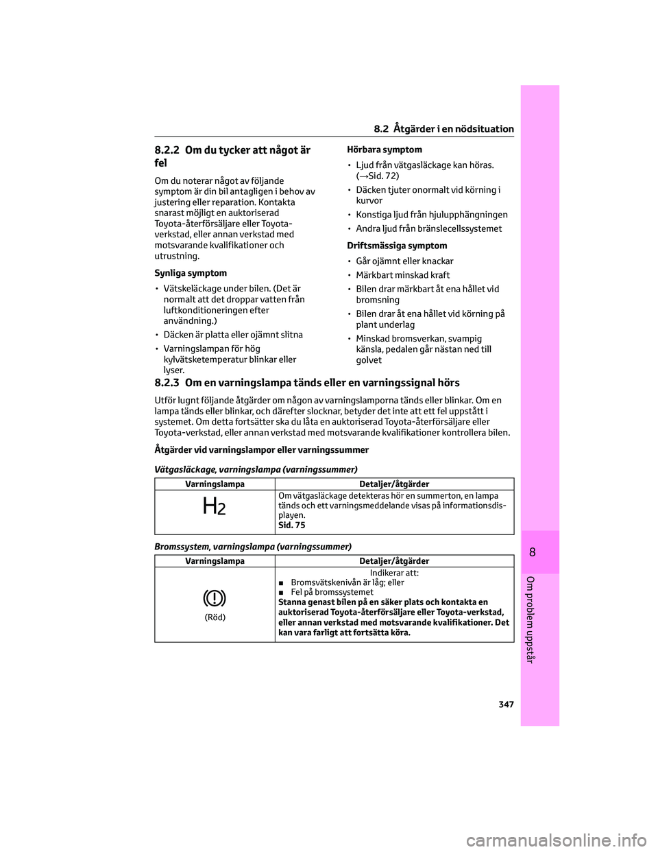 TOYOTA MIRAI 2023 Bruksanvisningar (in Swedish) 8.2.2 Om du tycker att något är
fel
Om du noterar något av följande
symptom är din bil antagligen i behov av
justering eller reparation. Kontakta
snarast möjligt en auktoriserad
Toyota-återför TOYOTA MIRAI 2023 Bruksanvisningar (in Swedish) 8.2.2 Om du tycker att något är
fel
Om du noterar något av följande
symptom är din bil antagligen i behov av
justering eller reparation. Kontakta
snarast möjligt en auktoriserad
Toyota-återför
