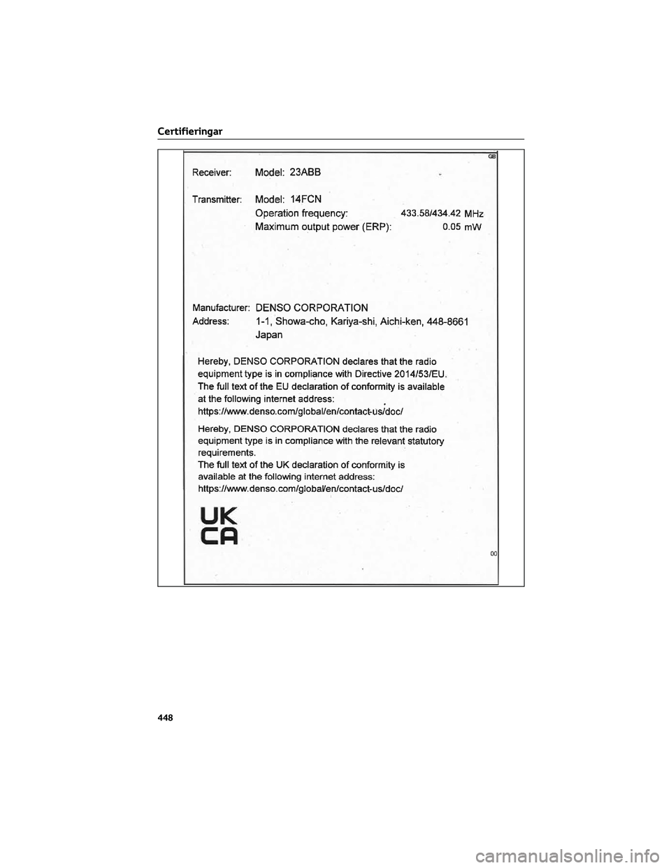 TOYOTA MIRAI 2023 Bruksanvisningar (in Swedish) Certifieringar
448 TOYOTA MIRAI 2023 Bruksanvisningar (in Swedish) Certifieringar
448