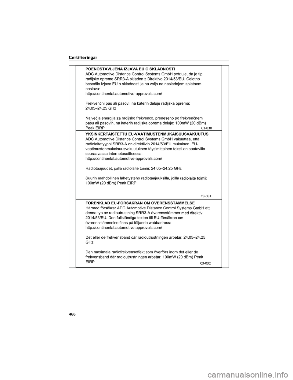 TOYOTA MIRAI 2023 Bruksanvisningar (in Swedish) Certifieringar
466 TOYOTA MIRAI 2023 Bruksanvisningar (in Swedish) Certifieringar
466
