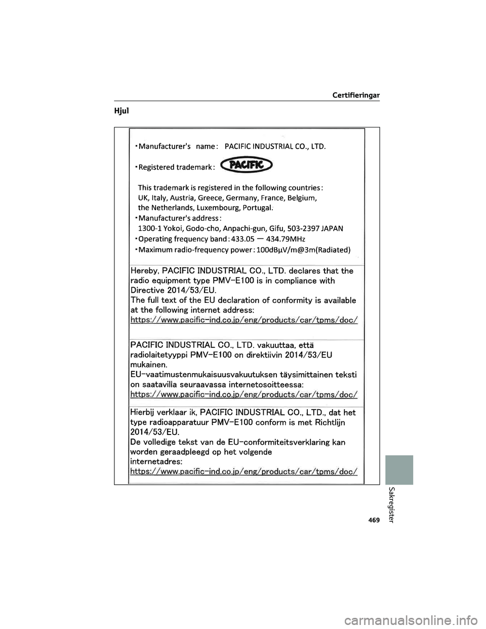 TOYOTA MIRAI 2023 Bruksanvisningar (in Swedish) Hjul
Certifieringar
469
Sakregister TOYOTA MIRAI 2023 Bruksanvisningar (in Swedish) Hjul
Certifieringar
469
Sakregister