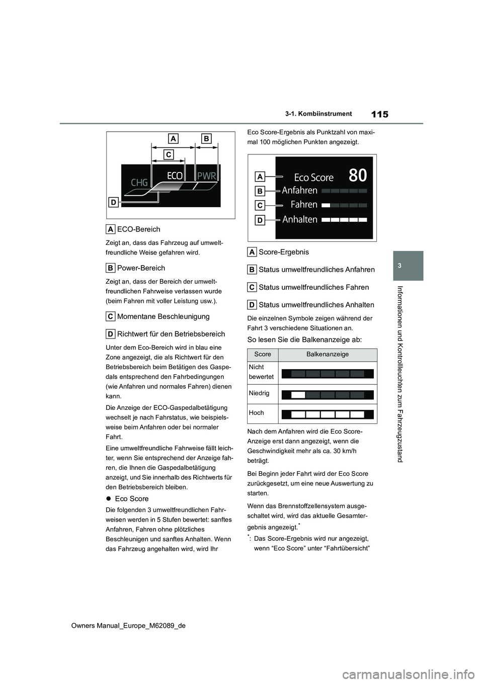 TOYOTA MIRAI 2022  Betriebsanleitungen (in German) 115
3
Owners Manual_Europe_M62089_de
3-1. Kombiinstrument
Informationen und Kontrollleuchten zum Fahrzeugzustand
ECO-Bereich
Zeigt an, dass das Fahrzeug auf umwelt- 
freundliche Weise gefahren wird.
P