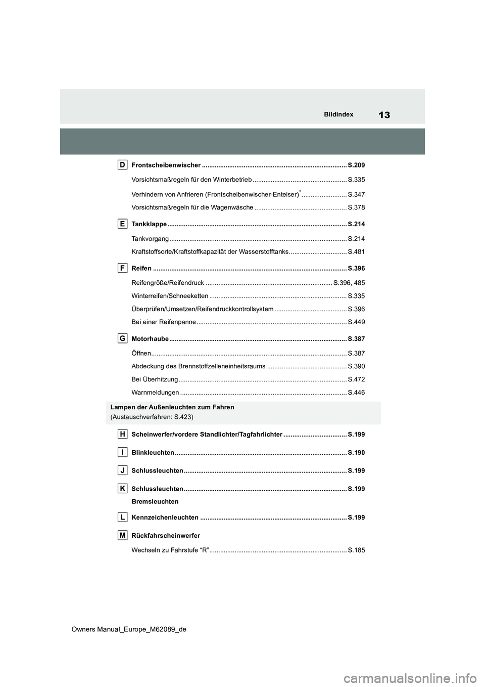 TOYOTA MIRAI 2022 Betriebsanleitungen (in German) 13
Owners Manual_Europe_M62089_de
Bildindex
Frontscheibenwischer ................................................................................ S.209
Vorsichtsmaßregeln für den Winterbetrieb .... TOYOTA MIRAI 2022 Betriebsanleitungen (in German) 13
Owners Manual_Europe_M62089_de
Bildindex
Frontscheibenwischer ................................................................................ S.209
Vorsichtsmaßregeln für den Winterbetrieb ....