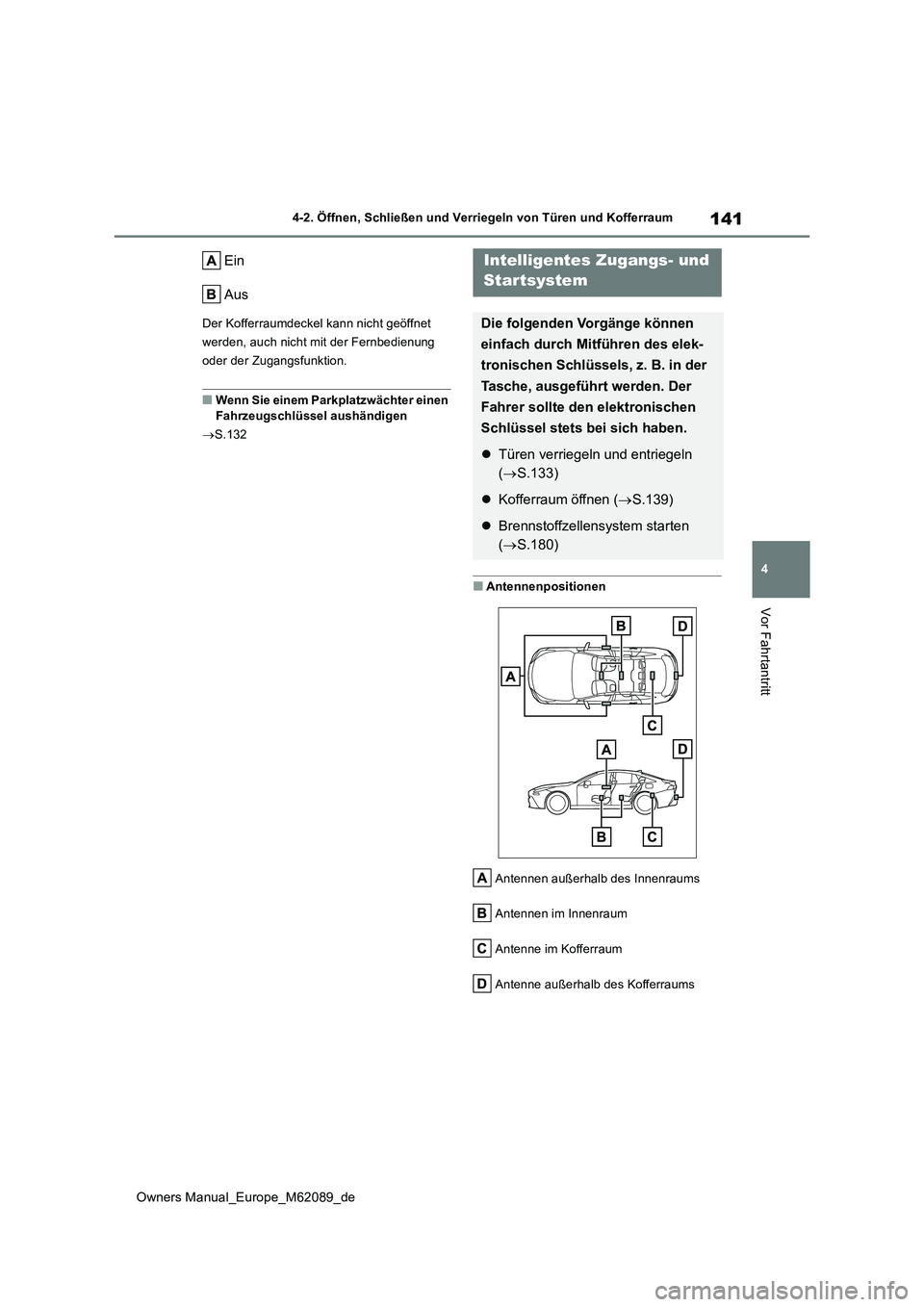 TOYOTA MIRAI 2022  Betriebsanleitungen (in German) 141
4
Owners Manual_Europe_M62089_de
4-2. Öffnen, Schließen und Verriegeln von Türen und Kofferraum
Vor Fahrtantritt
Ein 
Aus
Der Kofferraumdeckel kann nicht geöffnet  
werden, auch nicht mit der 