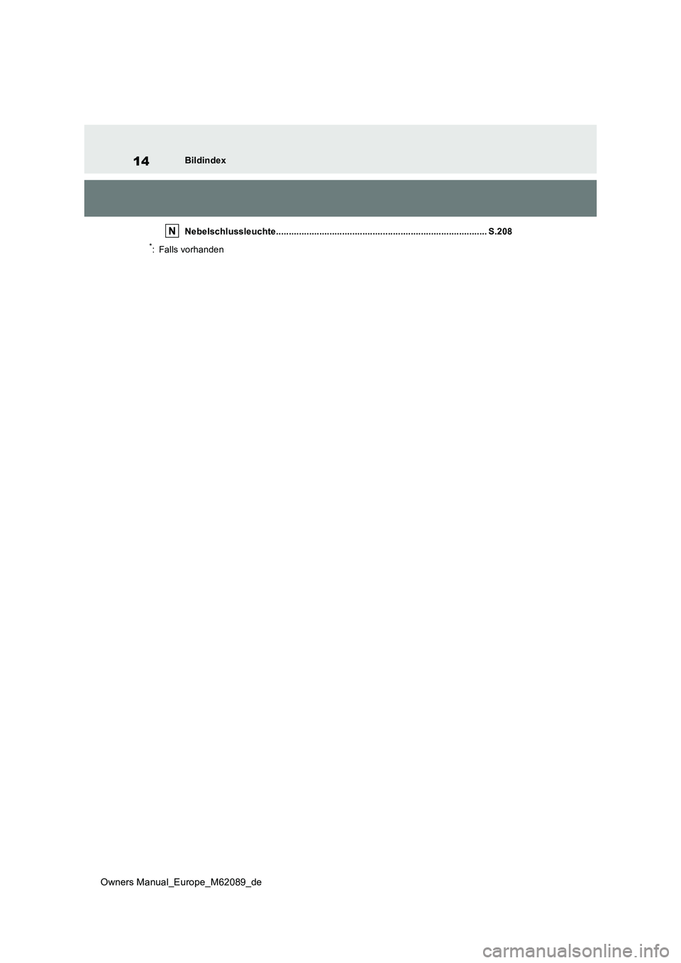TOYOTA MIRAI 2022 Betriebsanleitungen (in German) 14
Owners Manual_Europe_M62089_de
Bildindex
Nebelschlussleuchte............................................ ....................................... S.208
*: Falls vorhanden TOYOTA MIRAI 2022 Betriebsanleitungen (in German) 14
Owners Manual_Europe_M62089_de
Bildindex
Nebelschlussleuchte............................................ ....................................... S.208
*: Falls vorhanden