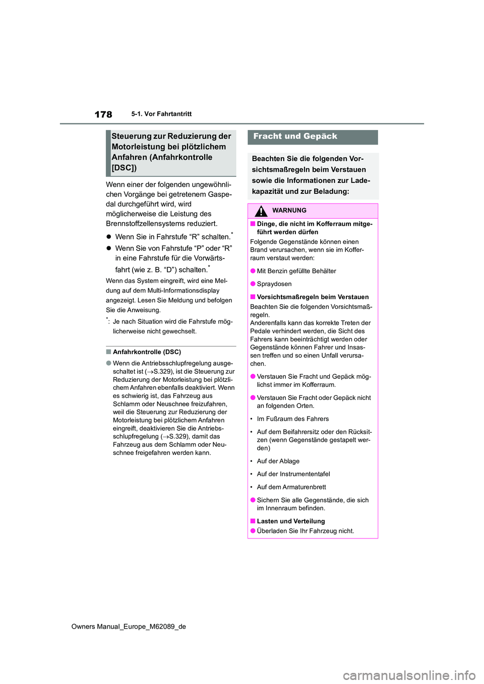 TOYOTA MIRAI 2022 Betriebsanleitungen (in German) 178
Owners Manual_Europe_M62089_de
5-1. Vor Fahrtantritt
Wenn einer der folgenden ungewöhnli-
chen Vorgänge bei getretenem Gaspe-
dal durchgeführt wird, wird
möglicherweise die Leistung des
Bre TOYOTA MIRAI 2022 Betriebsanleitungen (in German) 178
Owners Manual_Europe_M62089_de
5-1. Vor Fahrtantritt
Wenn einer der folgenden ungewöhnli-
chen Vorgänge bei getretenem Gaspe-
dal durchgeführt wird, wird
möglicherweise die Leistung des
Bre