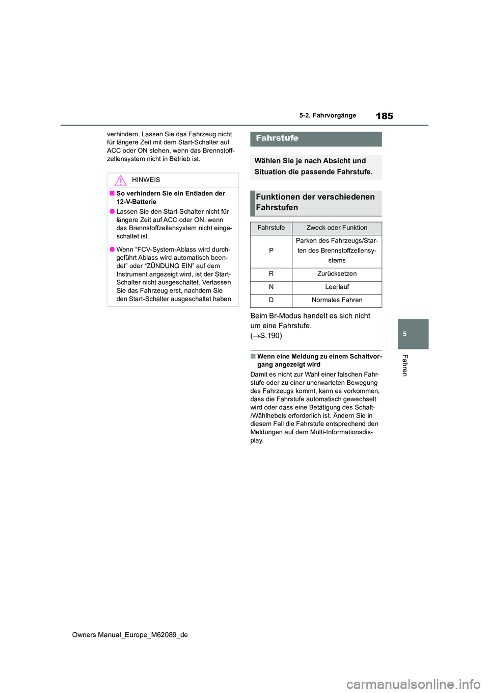 TOYOTA MIRAI 2022  Betriebsanleitungen (in German) 185
5
Owners Manual_Europe_M62089_de
5-2. Fahrvorgänge
Fahren
verhindern. Lassen Sie das Fahrzeug nicht  für längere Zeit mit dem Start-Schalter auf ACC oder ON stehen, wenn das Brennstoff- 
zellen