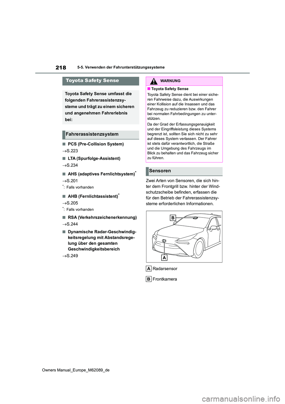 TOYOTA MIRAI 2022 Betriebsanleitungen (in German) 218
Owners Manual_Europe_M62089_de
5-5. Verwenden der Fahrunterstützungssysteme
5-5.Verwende n d er Fah runterstü tzungss ysteme
■PCS (Pre-Collision System)
S.223
■LTA (Spurfolge-Assistent) TOYOTA MIRAI 2022 Betriebsanleitungen (in German) 218
Owners Manual_Europe_M62089_de
5-5. Verwenden der Fahrunterstützungssysteme
5-5.Verwende n d er Fah runterstü tzungss ysteme
■PCS (Pre-Collision System)
S.223
■LTA (Spurfolge-Assistent)