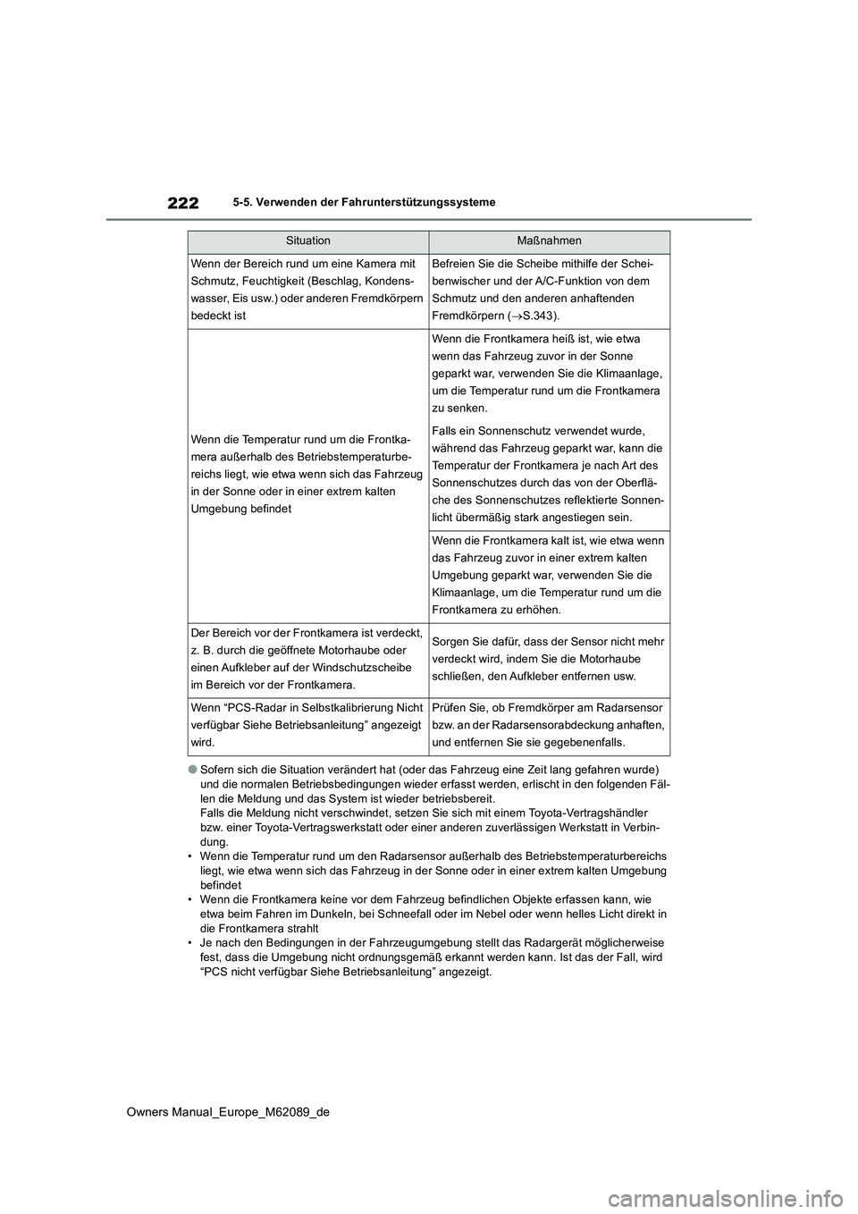 TOYOTA MIRAI 2022  Betriebsanleitungen (in German) 222
Owners Manual_Europe_M62089_de
5-5. Verwenden der Fahrunterstützungssysteme
●Sofern sich die Situation verändert hat (oder das Fahrzeug eine Zeit lang gefahren wurde)  
und die normalen Betrie