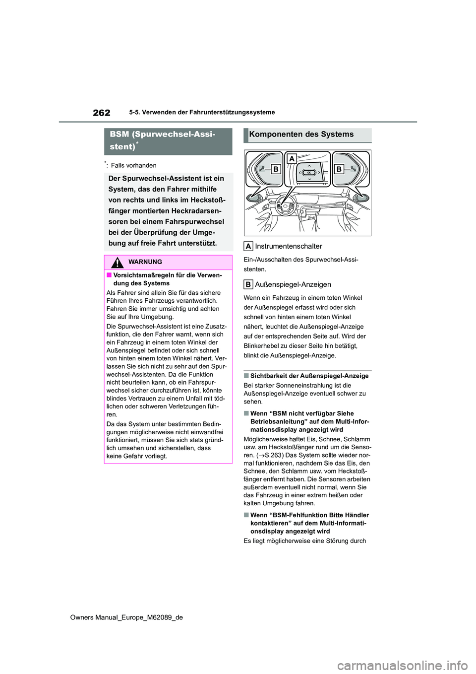 TOYOTA MIRAI 2022 Betriebsanleitungen (in German) 262
Owners Manual_Europe_M62089_de
5-5. Verwenden der Fahrunterstützungssysteme
*: Falls vorhanden
Instrumentenschalter
Ein-/Ausschalten des Spurwechsel-Assi-
stenten.
Außenspiegel-Anzeigen
Wenn ei TOYOTA MIRAI 2022 Betriebsanleitungen (in German) 262
Owners Manual_Europe_M62089_de
5-5. Verwenden der Fahrunterstützungssysteme
*: Falls vorhanden
Instrumentenschalter
Ein-/Ausschalten des Spurwechsel-Assi-
stenten.
Außenspiegel-Anzeigen
Wenn ei