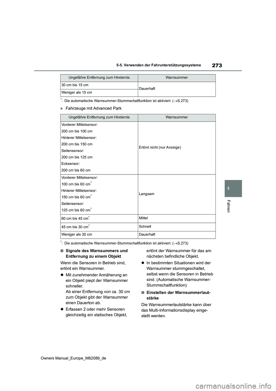 TOYOTA MIRAI 2022  Betriebsanleitungen (in German) 273
5
Owners Manual_Europe_M62089_de
5-5. Verwenden der Fahrunterstützungssysteme
Fahren
*: Die automatische Warnsummer-Stummschaltfunktion ist aktiviert. (S.273)
Fahrzeuge mit Advanced Park
*: