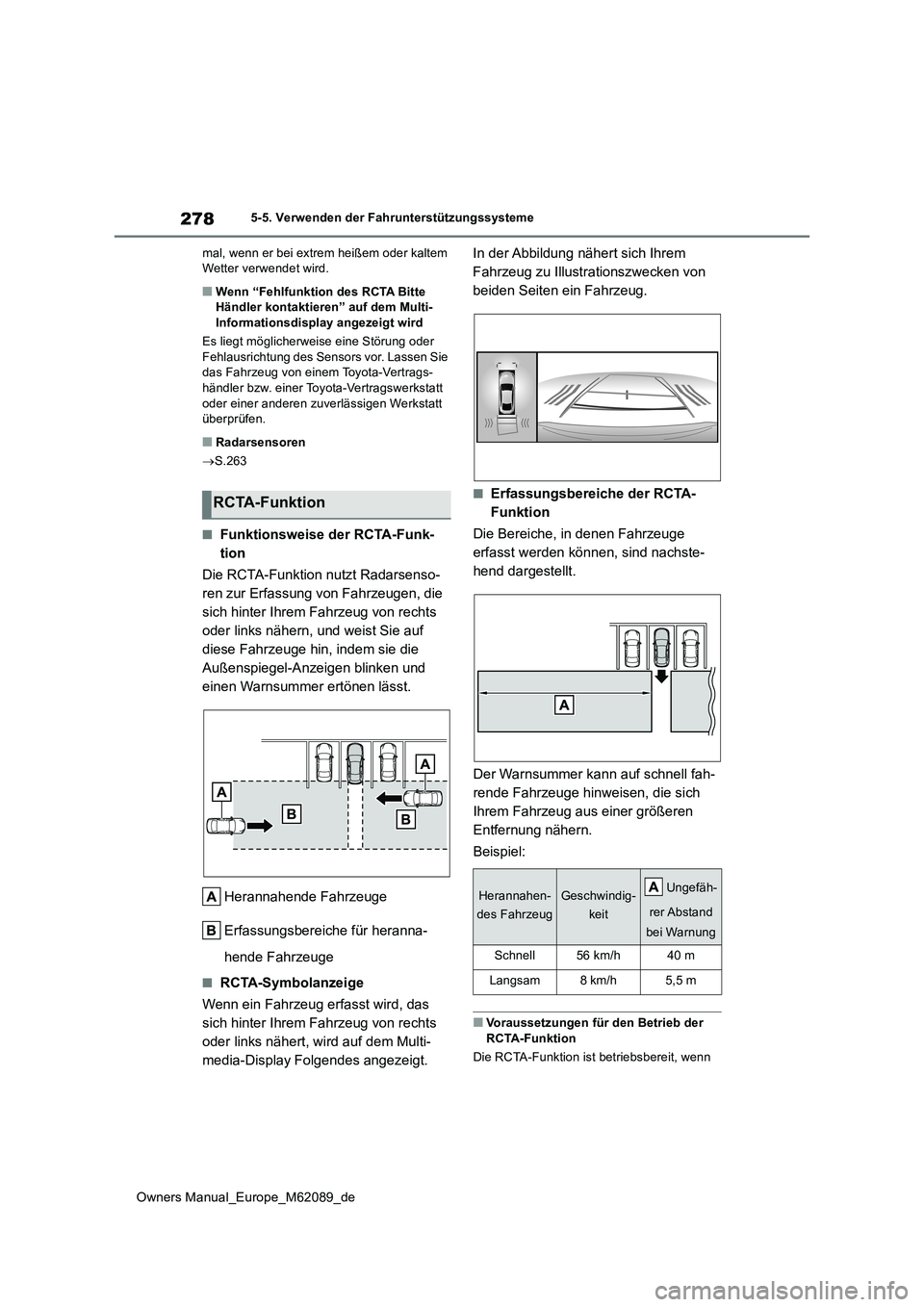 TOYOTA MIRAI 2022  Betriebsanleitungen (in German) 278
Owners Manual_Europe_M62089_de
5-5. Verwenden der Fahrunterstützungssysteme 
mal, wenn er bei extrem heißem oder kaltem  Wetter verwendet wird.
■Wenn “Fehlfunktion des RCTA Bitte Händler ko