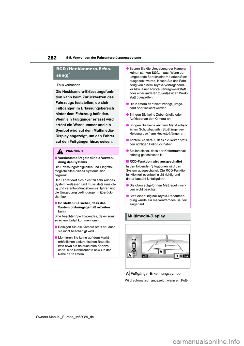 TOYOTA MIRAI 2022  Betriebsanleitungen (in German) 282
Owners Manual_Europe_M62089_de
5-5. Verwenden der Fahrunterstützungssysteme
*: Falls vorhanden
Fußgänger-Erkennungssymbol
Wird automatisch angezeigt, wenn ein Fuß-
RCD (Heckkamera-Erfas- 
sung