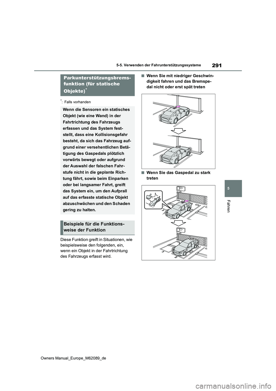 TOYOTA MIRAI 2022 Betriebsanleitungen (in German) 291
5
Owners Manual_Europe_M62089_de
5-5. Verwenden der Fahrunterstützungssysteme
Fahren
*: Falls vorhanden
Diese Funktion greift in Situationen, wie
beispielsweise den folgenden, ein,
wenn ein Ob TOYOTA MIRAI 2022 Betriebsanleitungen (in German) 291
5
Owners Manual_Europe_M62089_de
5-5. Verwenden der Fahrunterstützungssysteme
Fahren
*: Falls vorhanden
Diese Funktion greift in Situationen, wie
beispielsweise den folgenden, ein,
wenn ein Ob