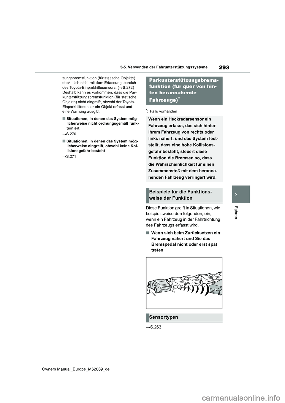 TOYOTA MIRAI 2022 Betriebsanleitungen (in German) 293
5
Owners Manual_Europe_M62089_de
5-5. Verwenden der Fahrunterstützungssysteme
Fahren
zungsbremsfunktion (für statische Objekte) deckt sich nicht mit dem Erfassungsbereich des Toyota-Einparkhilf TOYOTA MIRAI 2022 Betriebsanleitungen (in German) 293
5
Owners Manual_Europe_M62089_de
5-5. Verwenden der Fahrunterstützungssysteme
Fahren
zungsbremsfunktion (für statische Objekte) deckt sich nicht mit dem Erfassungsbereich des Toyota-Einparkhilf