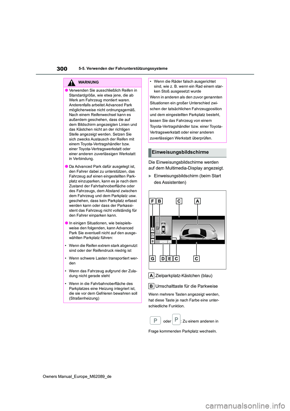 TOYOTA MIRAI 2022  Betriebsanleitungen (in German) 300
Owners Manual_Europe_M62089_de
5-5. Verwenden der Fahrunterstützungssysteme
Die Einweisungsbildschirme werden  
auf dem Multimedia-Display angezeigt.
Einweisungsbildschirm (beim Start  
des As