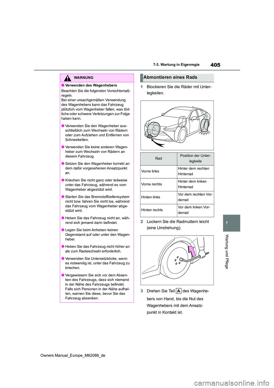 TOYOTA MIRAI 2022 Betriebsanleitungen (in German) 405
7
Owners Manual_Europe_M62089_de
7-3. Wartung in Eigenregie
Wartung und Pflege
1Blockieren Sie die Räder mit Unter-
legkeilen.
2 Lockern Sie die Radmuttern leicht
(eine Umdrehung).
3 Drehen TOYOTA MIRAI 2022 Betriebsanleitungen (in German) 405
7
Owners Manual_Europe_M62089_de
7-3. Wartung in Eigenregie
Wartung und Pflege
1Blockieren Sie die Räder mit Unter-
legkeilen.
2 Lockern Sie die Radmuttern leicht
(eine Umdrehung).
3 Drehen