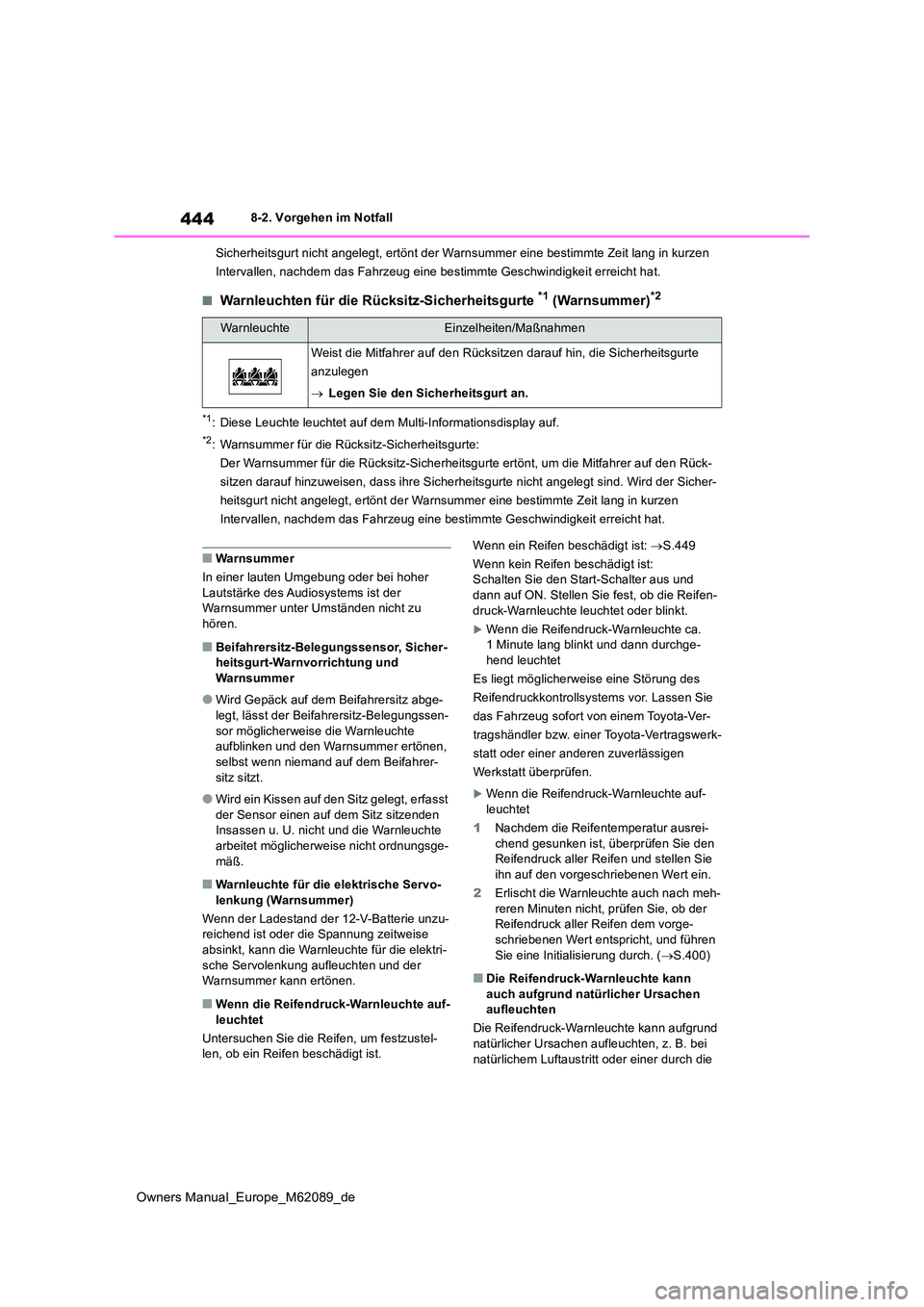 TOYOTA MIRAI 2022 Betriebsanleitungen (in German) 444
Owners Manual_Europe_M62089_de
8-2. Vorgehen im Notfall
Sicherheitsgurt nicht angelegt, ert önt der Warnsummer eine bestimmte Zeit lang in kurzen
Intervallen, nachdem das Fahrz eug eine bestim TOYOTA MIRAI 2022 Betriebsanleitungen (in German) 444
Owners Manual_Europe_M62089_de
8-2. Vorgehen im Notfall
Sicherheitsgurt nicht angelegt, ert önt der Warnsummer eine bestimmte Zeit lang in kurzen
Intervallen, nachdem das Fahrz eug eine bestim
