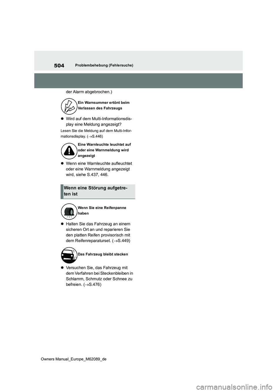 TOYOTA MIRAI 2022 Betriebsanleitungen (in German) 504
Owners Manual_Europe_M62089_de
Problembehebung (Fehlersuche)
der Alarm abgebrochen.)
Wird auf dem Multi-Informationsdis-
play eine Meldung angezeigt?
Lesen Sie die Meldung auf dem Multi-Info TOYOTA MIRAI 2022 Betriebsanleitungen (in German) 504
Owners Manual_Europe_M62089_de
Problembehebung (Fehlersuche)
der Alarm abgebrochen.)
Wird auf dem Multi-Informationsdis-
play eine Meldung angezeigt?
Lesen Sie die Meldung auf dem Multi-Info