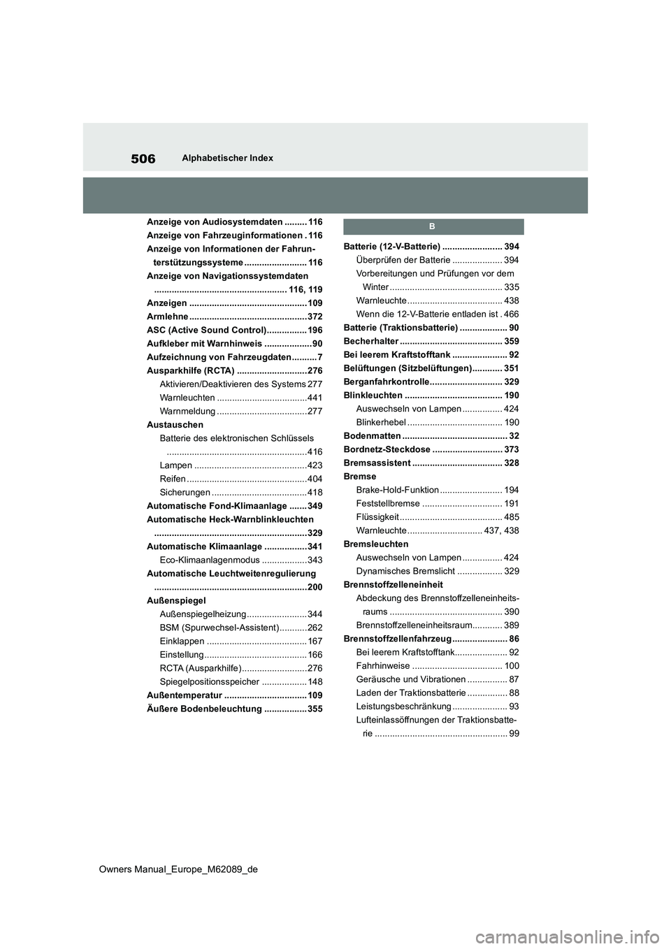 TOYOTA MIRAI 2022 Betriebsanleitungen (in German) 506
Owners Manual_Europe_M62089_de
Alphabetischer Index
Anzeige von Audiosystemdaten ......... 116
Anzeige von Fahrzeuginformationen . 116
Anzeige von Informationen der Fahrun-
terstützungssysteme TOYOTA MIRAI 2022 Betriebsanleitungen (in German) 506
Owners Manual_Europe_M62089_de
Alphabetischer Index
Anzeige von Audiosystemdaten ......... 116
Anzeige von Fahrzeuginformationen . 116
Anzeige von Informationen der Fahrun-
terstützungssysteme