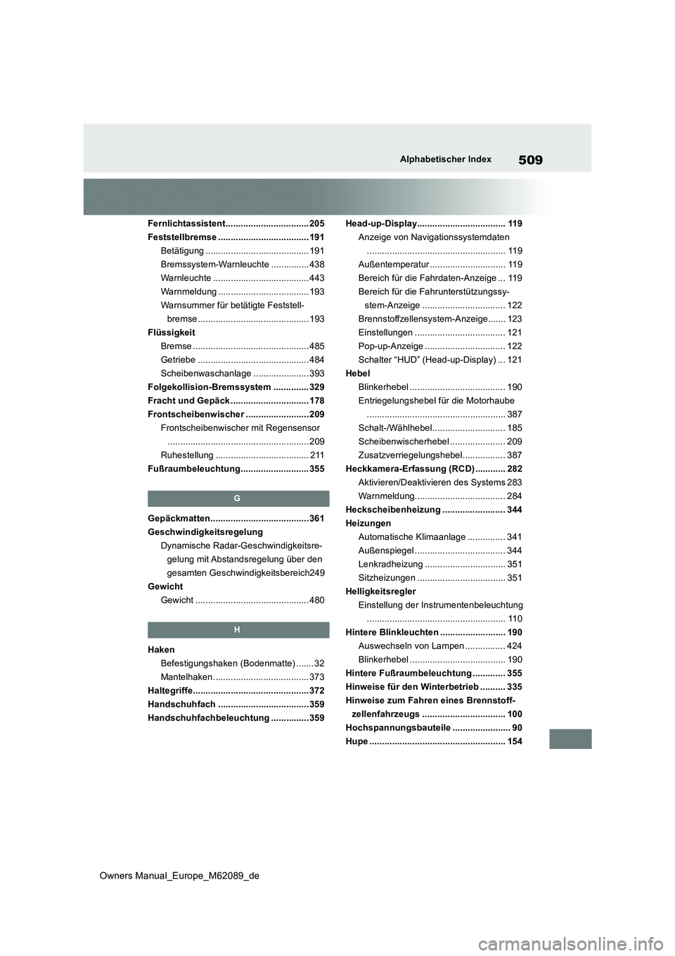 TOYOTA MIRAI 2022  Betriebsanleitungen (in German) 509
Owners Manual_Europe_M62089_de
Alphabetischer Index
Fernlichtassistent................................. 205 
Feststellbremse ....................................191
Betätigung ...................