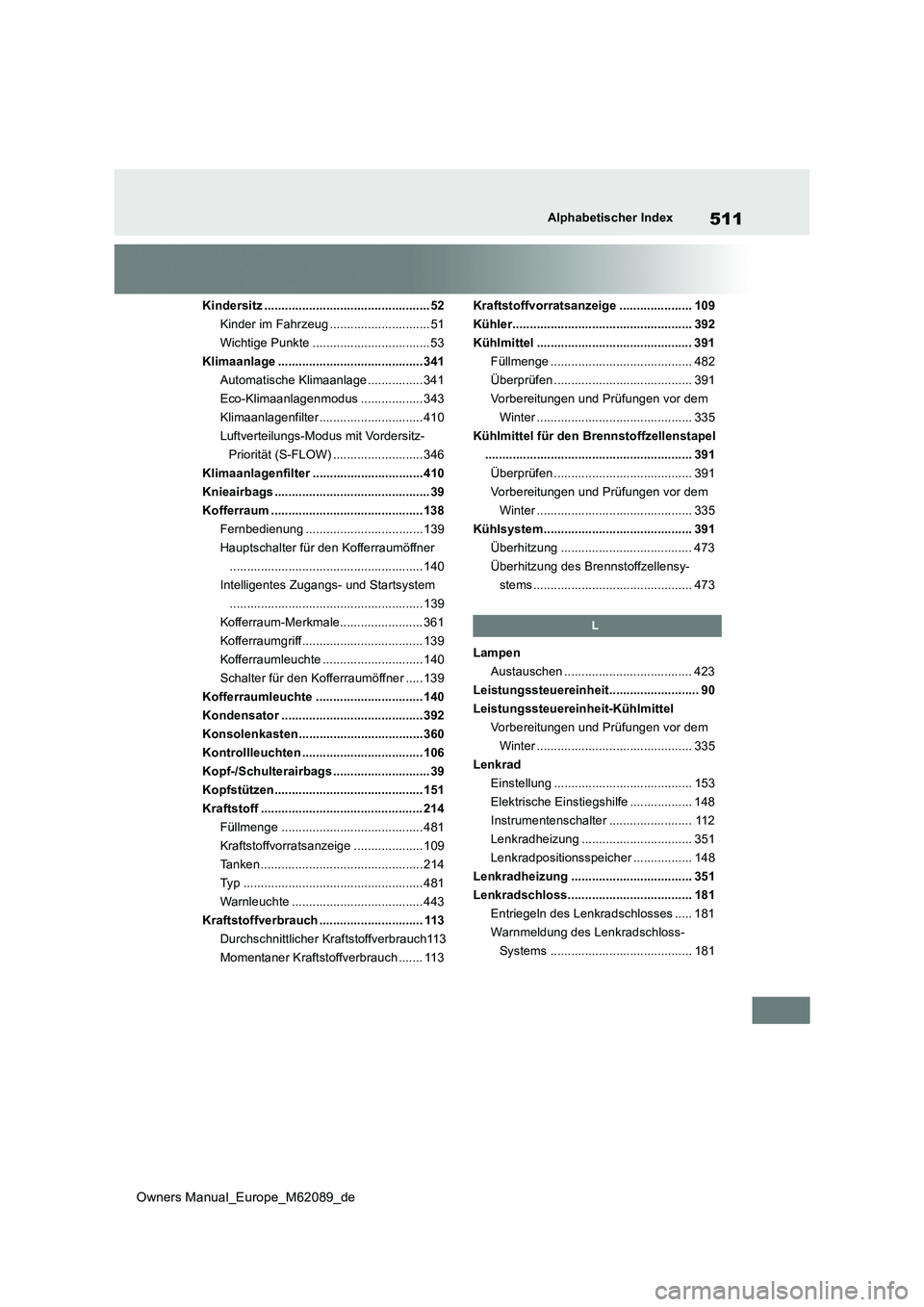 TOYOTA MIRAI 2022  Betriebsanleitungen (in German) 511
Owners Manual_Europe_M62089_de
Alphabetischer Index
Kindersitz ................................................ 52 
Kinder im Fahrzeug ............................. 51
Wichtige Punkte ............