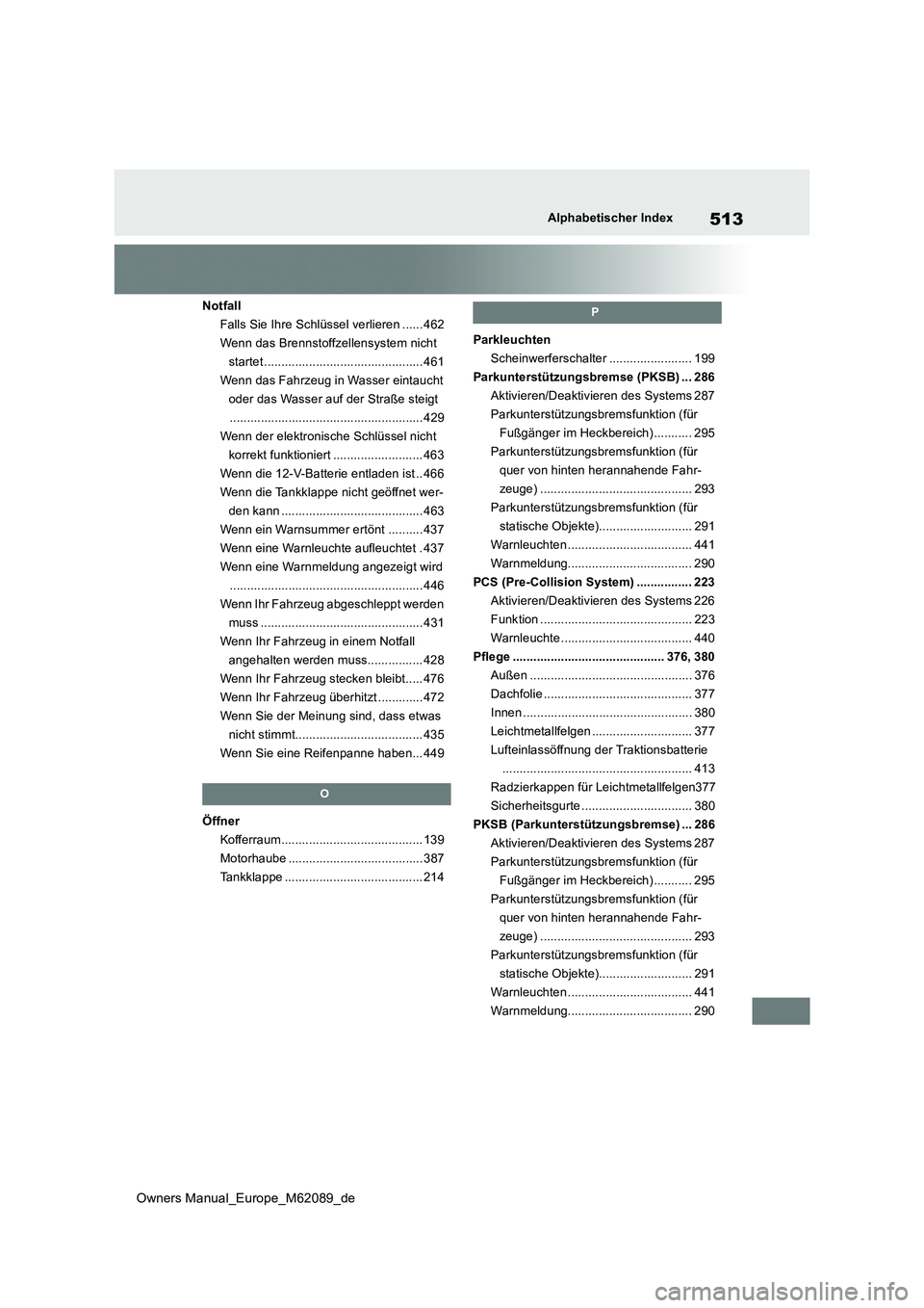 TOYOTA MIRAI 2022  Betriebsanleitungen (in German) 513
Owners Manual_Europe_M62089_de
Alphabetischer Index
Notfall 
Falls Sie Ihre Schlüssel verlieren ...... 462
Wenn das Brennstoffzellensystem nicht 
startet .........................................
