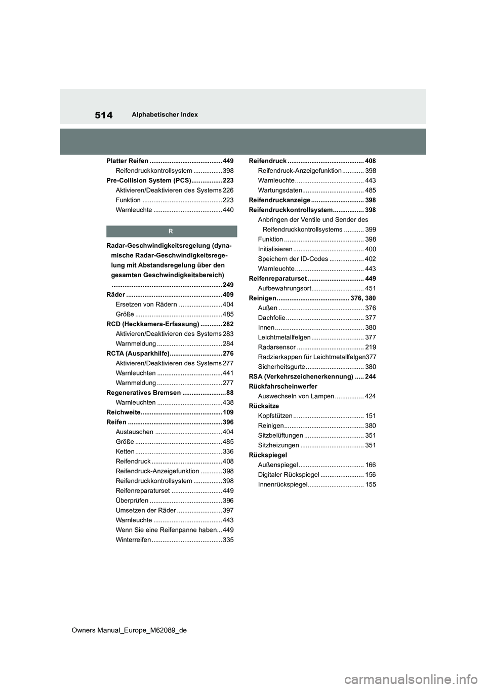 TOYOTA MIRAI 2022  Betriebsanleitungen (in German) 514
Owners Manual_Europe_M62089_de
Alphabetischer Index 
Platter Reifen ........................................ 449 
Reifendruckkontrollsystem ................ 398
Pre-Collision System (PCS).........
