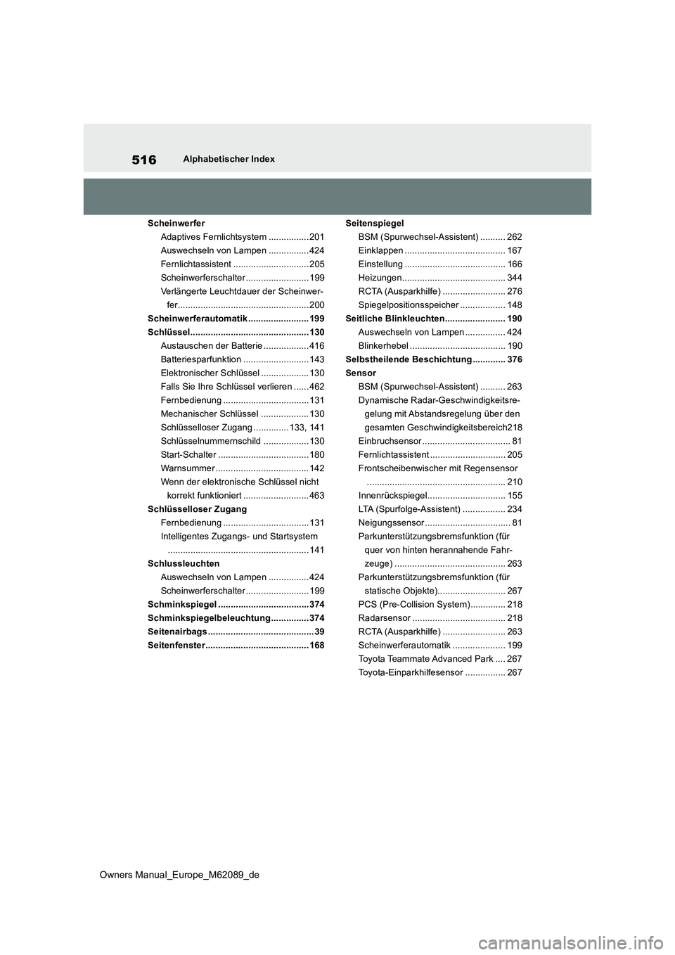 TOYOTA MIRAI 2022  Betriebsanleitungen (in German) 516
Owners Manual_Europe_M62089_de
Alphabetischer Index 
Scheinwerfer 
Adaptives Fernlichtsystem ................ 201
Auswechseln von Lampen ................ 424
Fernlichtassistent ...................