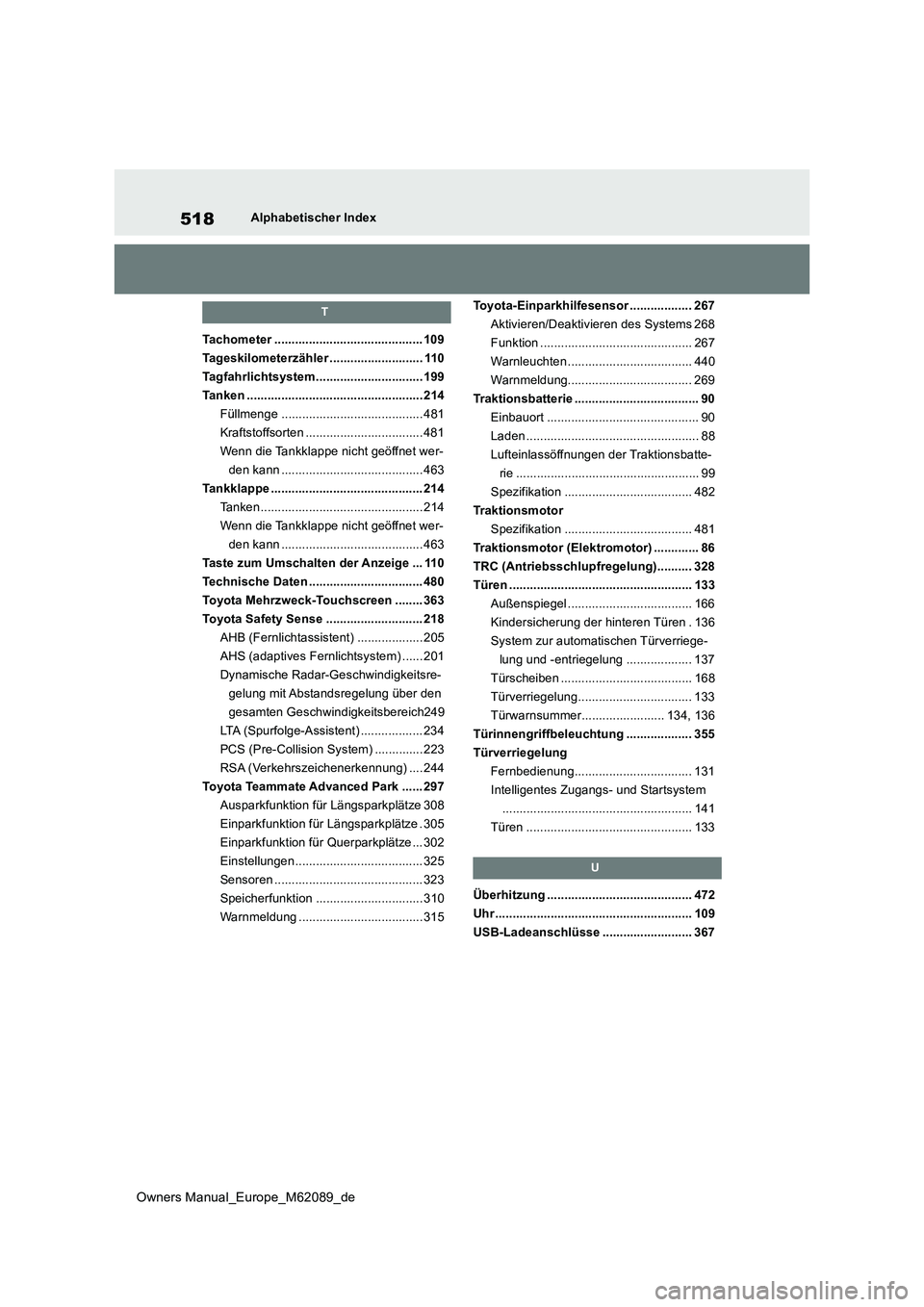 TOYOTA MIRAI 2022  Betriebsanleitungen (in German) 518
Owners Manual_Europe_M62089_de
Alphabetischer Index
T
Tachometer ........................................... 109 
Tageskilometerzähler ........................... 110
Tagfahrlichtsystem..........