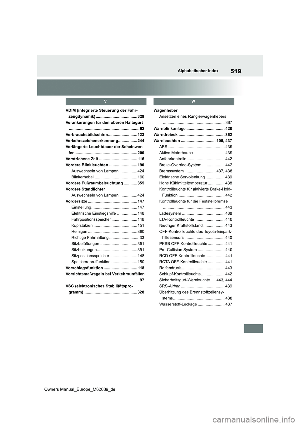 TOYOTA MIRAI 2022 Betriebsanleitungen (in German) 519
Owners Manual_Europe_M62089_de
Alphabetischer Index
V
VDIM (integrierte Steuerung der Fahr-
zeugdynamik) ..................................... 329
Verankerungen für den oberen Haltegurt
........ TOYOTA MIRAI 2022 Betriebsanleitungen (in German) 519
Owners Manual_Europe_M62089_de
Alphabetischer Index
V
VDIM (integrierte Steuerung der Fahr-
zeugdynamik) ..................................... 329
Verankerungen für den oberen Haltegurt
........