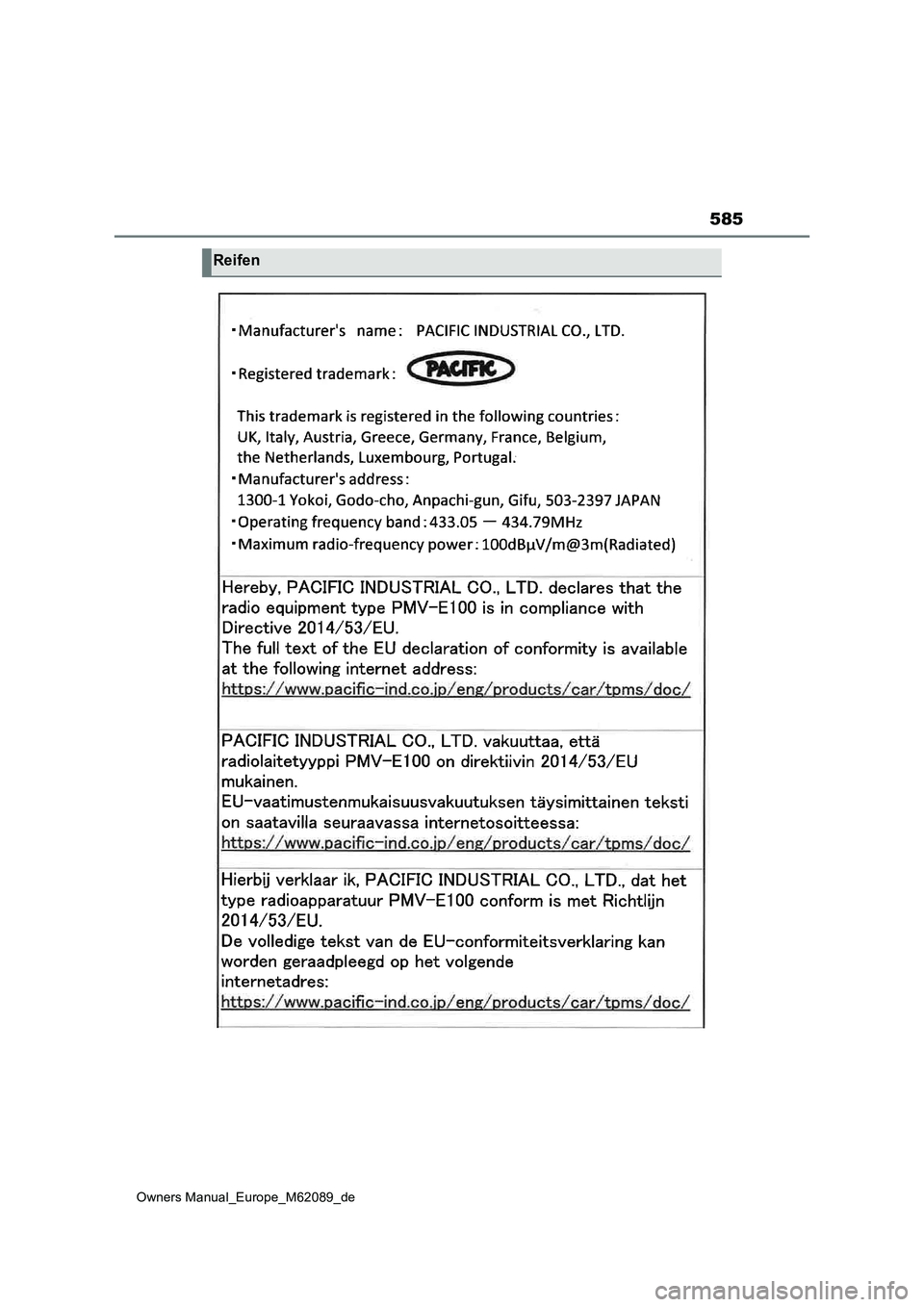 TOYOTA MIRAI 2022  Betriebsanleitungen (in German) 585
Owners Manual_Europe_M62089_de
Reifen 
