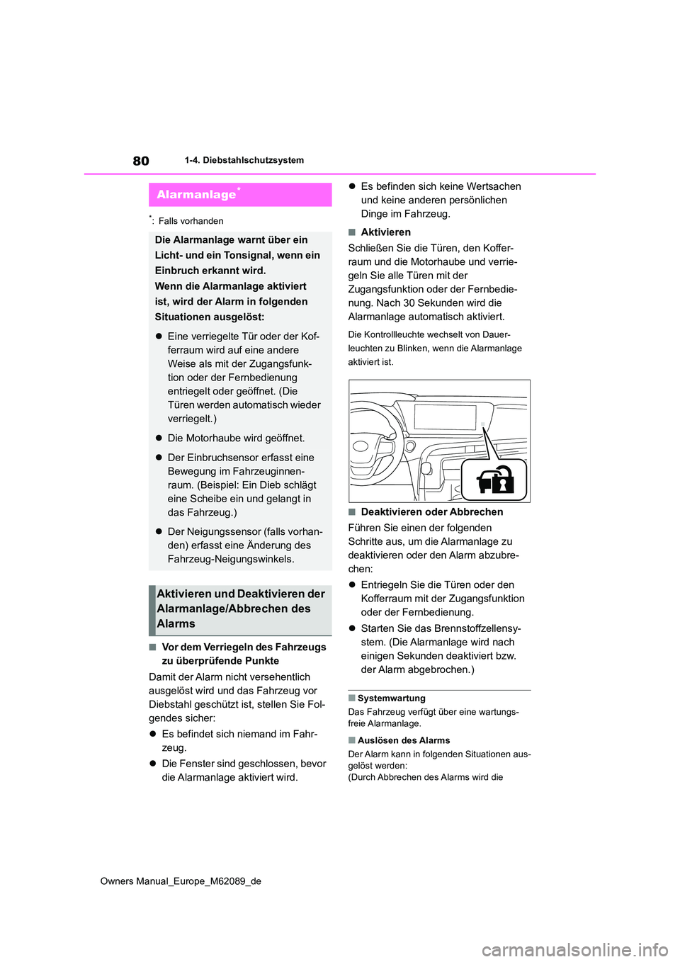 TOYOTA MIRAI 2022  Betriebsanleitungen (in German) 80
Owners Manual_Europe_M62089_de
1-4. Diebstahlschutzsystem
*: Falls vorhanden
■Vor dem Verriegeln des Fahrzeugs  
zu überprüfende Punkte 
Damit der Alarm nicht versehentlich  
ausgelöst wird un