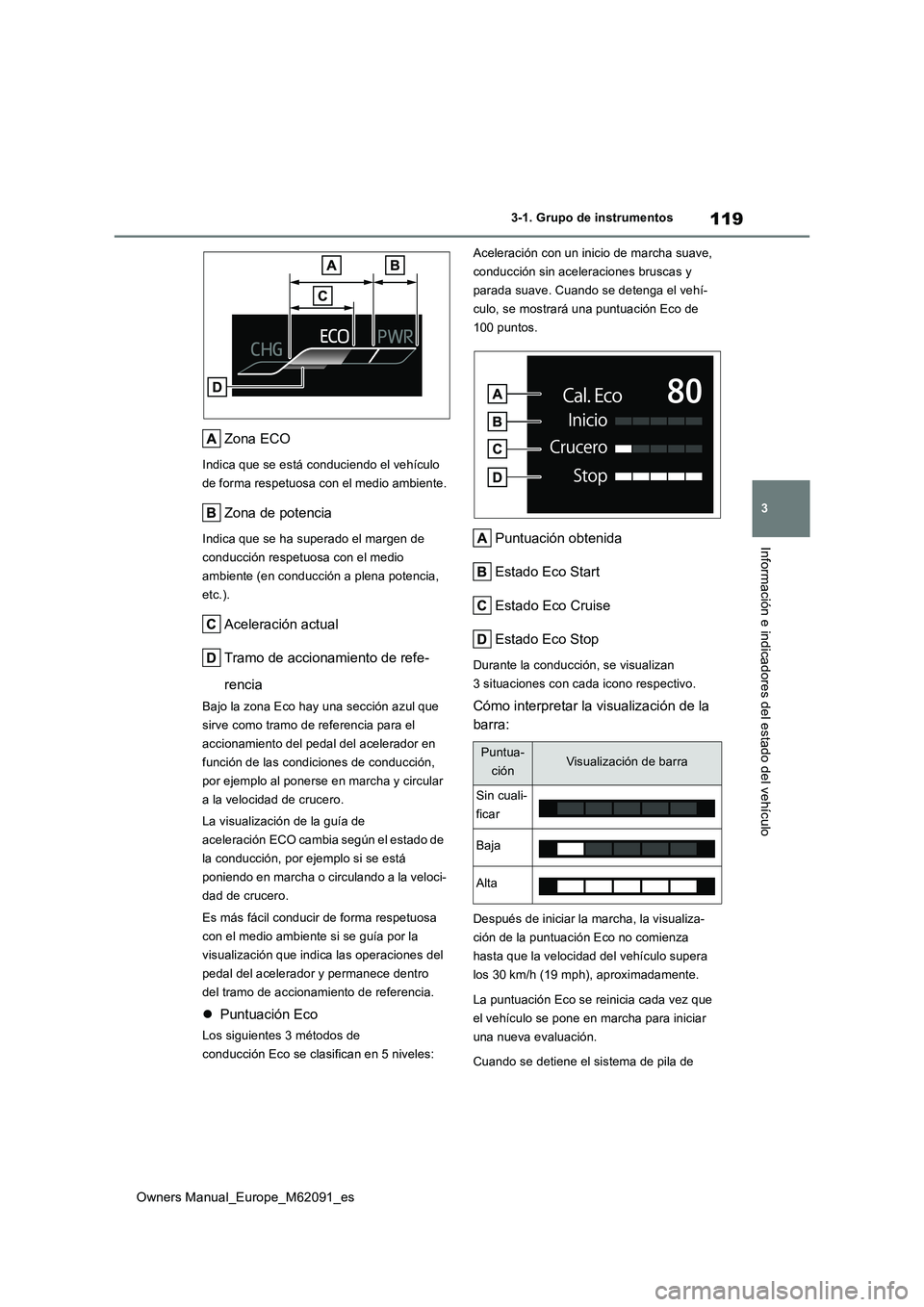 TOYOTA MIRAI 2022 Manual del propietario (in Spanish) 119
3
Owners Manual_Europe_M62091_es
3-1. Grupo de instrumentos
Información e indicadores del estado del vehículo
Zona ECO
Indica que se está conduciendo el vehículo
de forma respetuosa con el m TOYOTA MIRAI 2022 Manual del propietario (in Spanish) 119
3
Owners Manual_Europe_M62091_es
3-1. Grupo de instrumentos
Información e indicadores del estado del vehículo
Zona ECO
Indica que se está conduciendo el vehículo
de forma respetuosa con el m