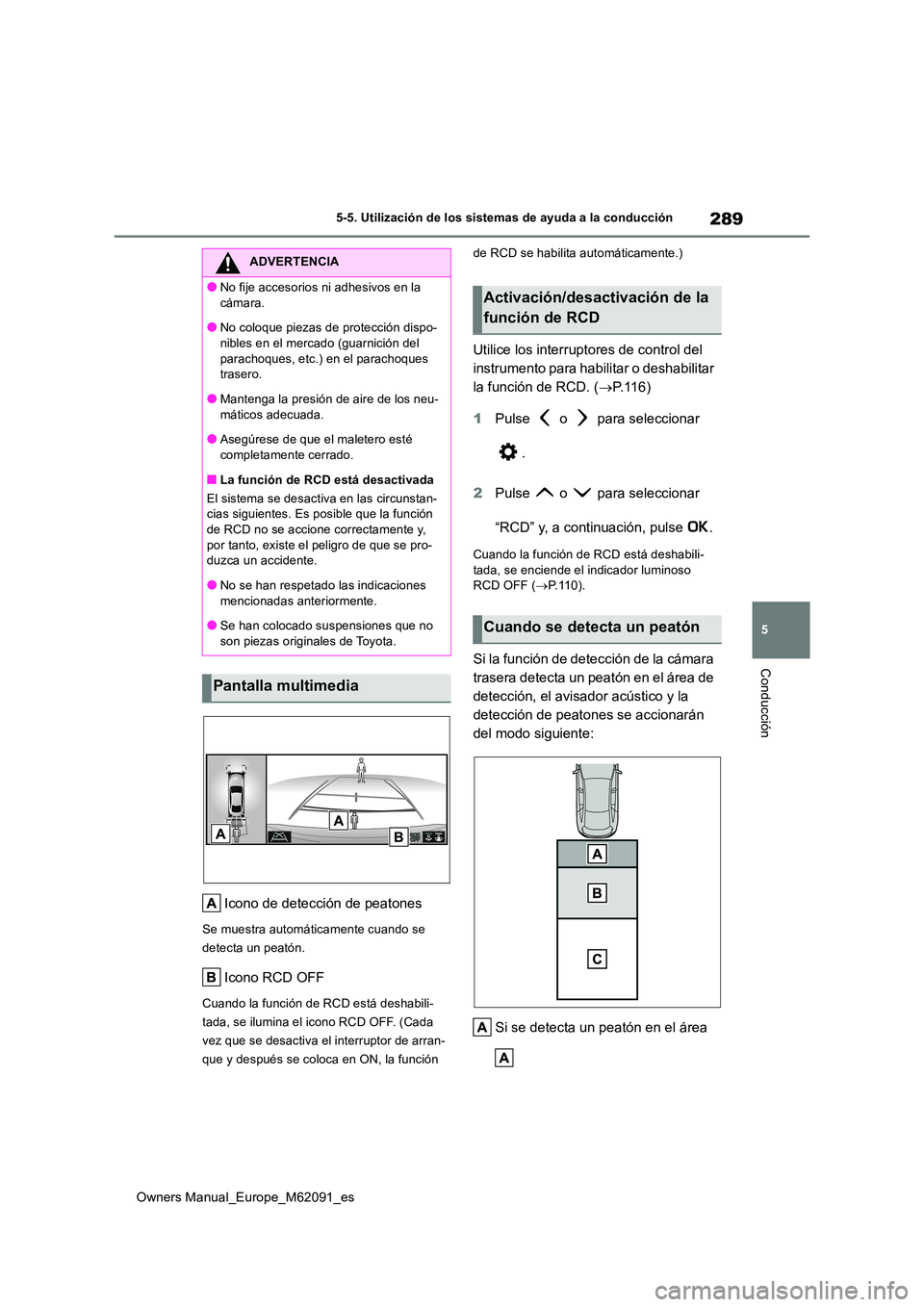 TOYOTA MIRAI 2022  Manual del propietario (in Spanish) 289
5
Owners Manual_Europe_M62091_es
5-5. Utilización de los sistemas de ayuda a la conducción
Conducción
Icono de detección de peatones
Se muestra automáticamente cuando se  
detecta un peatón.