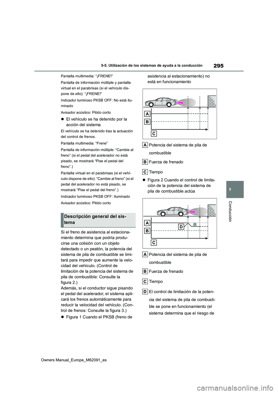 TOYOTA MIRAI 2022  Manual del propietario (in Spanish) 295
5
Owners Manual_Europe_M62091_es
5-5. Utilización de los sistemas de ayuda a la conducción
Conducción
Pantalla multimedia: “¡FRENE!” 
Pantalla de información múltiple y pantalla  
virtua