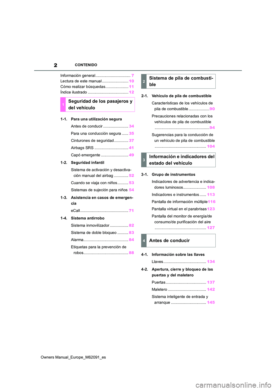 TOYOTA MIRAI 2022 Manual del propietario (in Spanish) 2
Owners Manual_Europe_M62091_es
CONTENIDO
Información general ................................7
Lectura de este manual ........................ 10
Cómo realizar búsquedas..................... 11 TOYOTA MIRAI 2022 Manual del propietario (in Spanish) 2
Owners Manual_Europe_M62091_es
CONTENIDO
Información general ................................7
Lectura de este manual ........................ 10
Cómo realizar búsquedas..................... 11