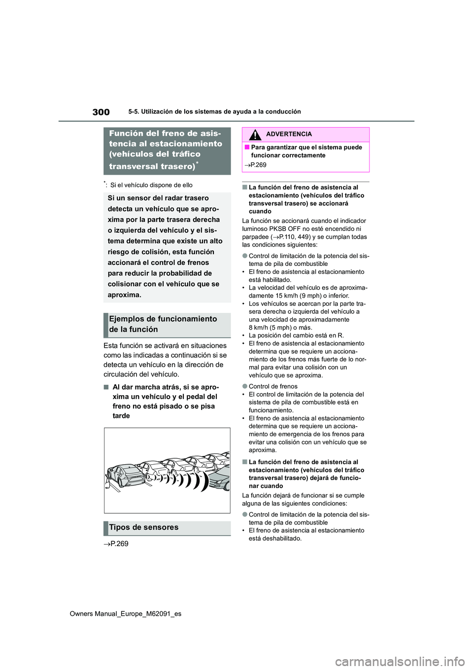 TOYOTA MIRAI 2022  Manual del propietario (in Spanish) 300
Owners Manual_Europe_M62091_es
5-5. Utilización de los sistemas de ayuda a la conducción
*: Si el vehículo dispone de ello
Esta función se activará en situaciones  
como las indicadas a conti